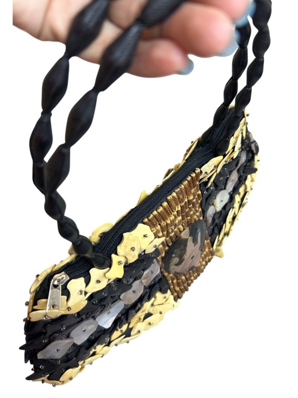Handmade Woven Bag Black Beige Iridescent Shells Wood Boho Beach Casual Purse - Picture 9 of 11